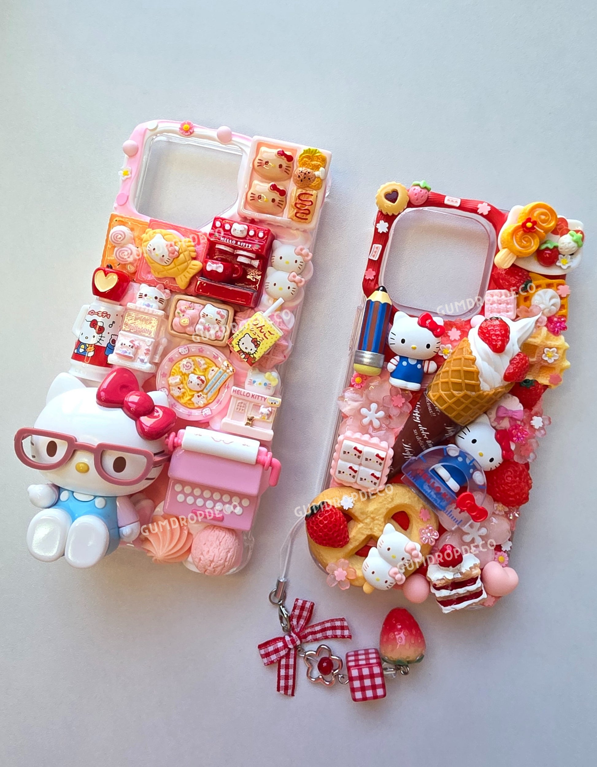Custom Hello Kitty decoden phone case with handmade whipped cream design. Japanese Sanrio Hello Kitty theme