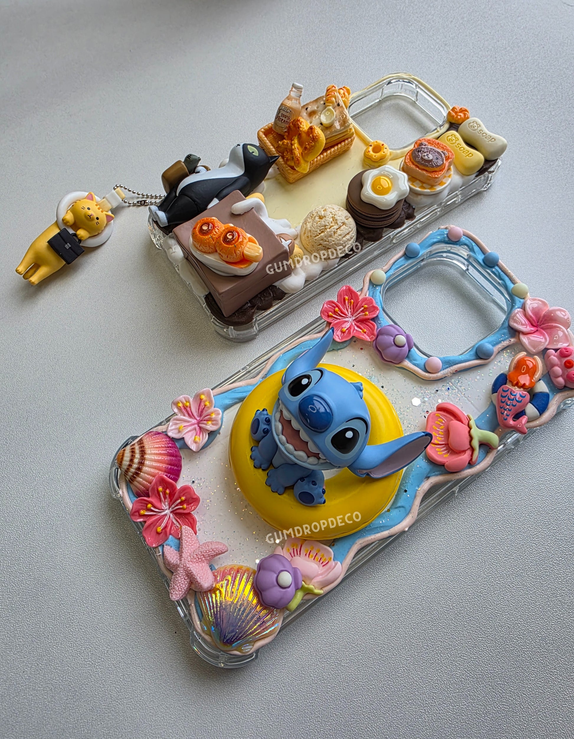 Unique custom decoden phone case with Pop Mart or Top Toy figurines. Handmade, protective & a must-have for fans. Disney Lilo & Stitch Miniso Summer Series