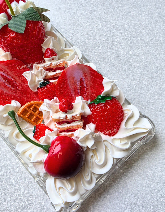 Phone case decorated with strawberries, whipped cream. Fruity Parfait decoden phone case with handmade whipped cream details & colorful fruit charms. Cute, protective & customizable design.