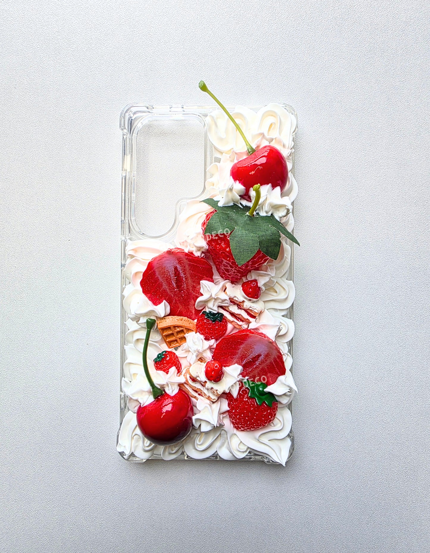 Phone case decorated with strawberries, whipped cream. Fruity Parfait decoden phone case with handmade whipped cream details & colorful fruit charms. Cute, protective & customizable design.