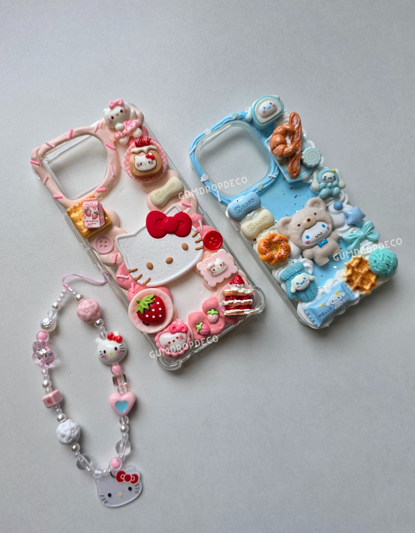 Custom decoden phone case with Sanrio character charms and whipped cream design. Sanrio Hello Kitty, Sanrio Cinnamoroll