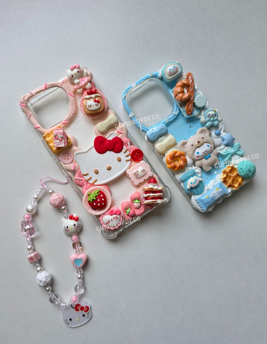 Custom decoden phone case with Sanrio character charms and whipped cream design. Sanrio Hello Kitty, Sanrio Cinnamoroll