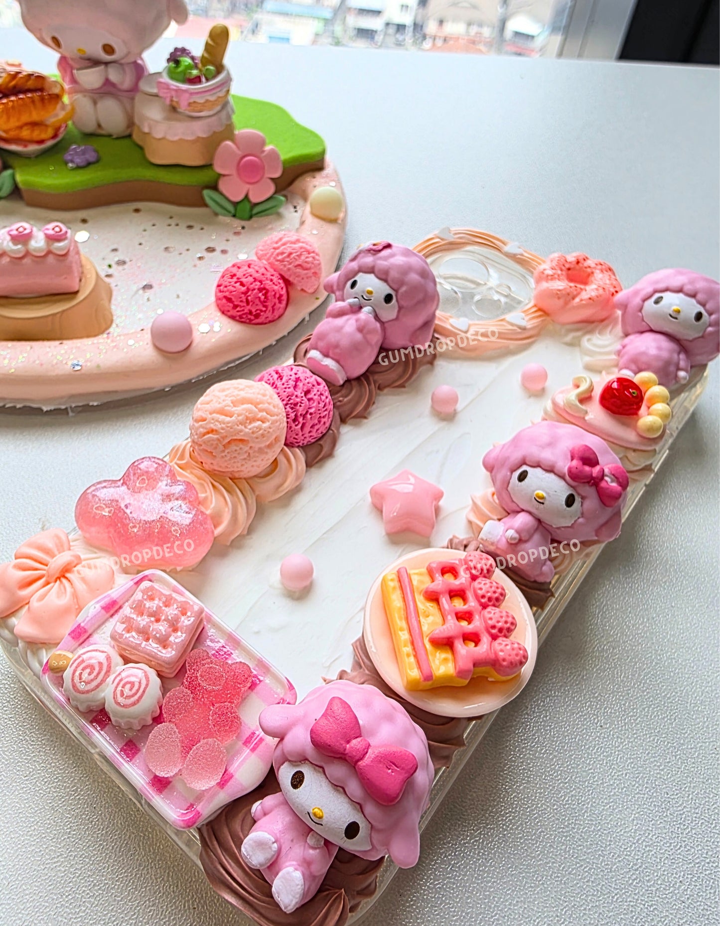 The Charm Trio Set – custom decoden phone case, stand & card holder with lanyard. Choose your favorite characters & colors in this matching 3-piece bundle. Sample Sanrio My Sweet Piano